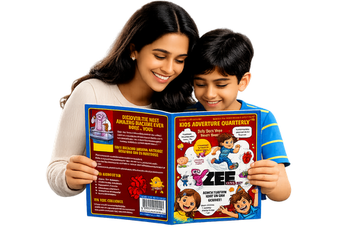 Mother and son reading Yzee Kids magazine together